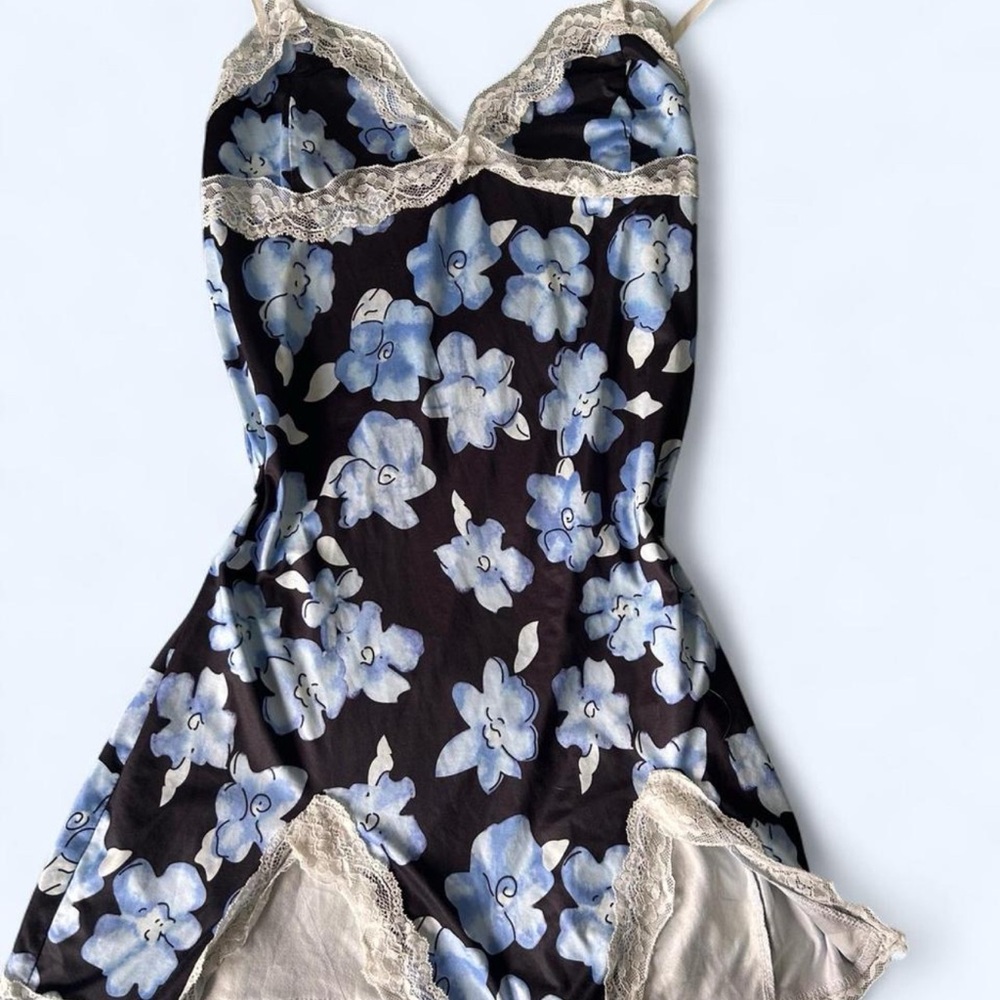 Black and Blue Floral Chemise with Lace Trim